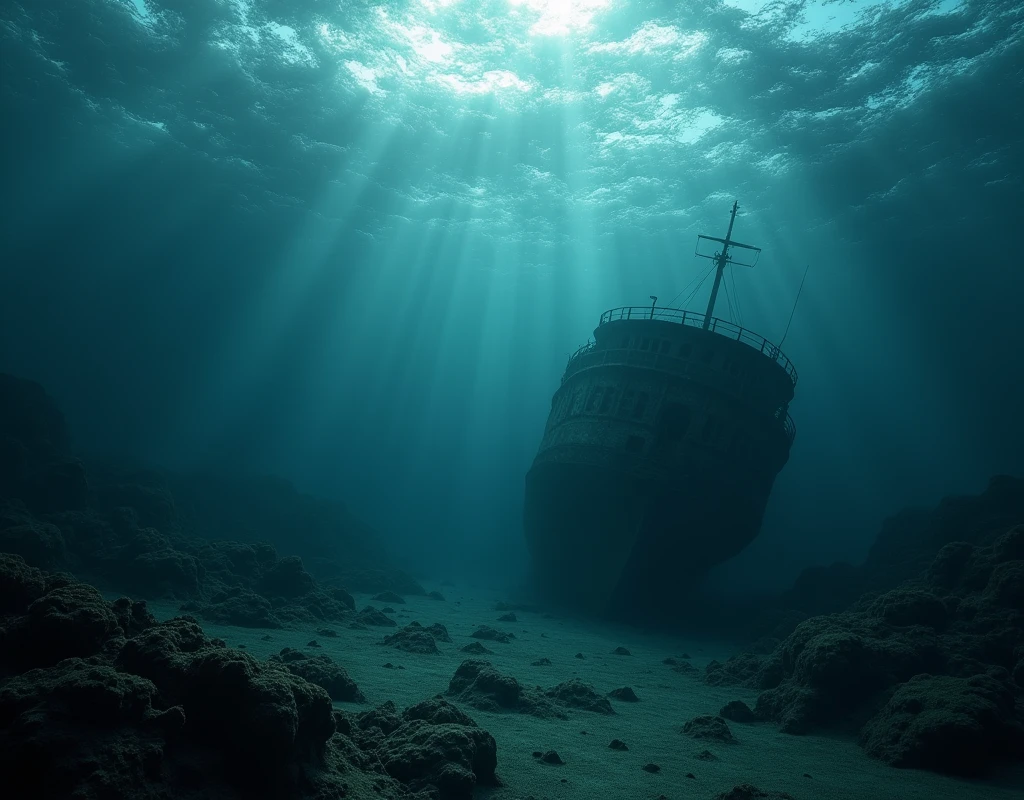 A cinematic and dark depiction of the deep ocean, creating a mysterious and foreboding atmosphere. The violent, chaotic waves crash above, their fury evident in the roiling surface. As the image descends into the depths, the waters grow eerily calm, yet heavy with shadows that hint at the unknown. At the ocean floor, ancient shipwrecks from forgotten eras lie in ghostly silence, encrusted with algae and coral, their once-proud structures now decaying relics of the past. A faint, dim light filters from the surface, casting a ghostly glow over the scene, barely illuminating the eerie remnants, evoking a sense of ancient mystery and lost history., Surrealism, Hyperrealism, UHD, retina, masterpiece, accurate, anatomically correct, textured skin, super detail, award winning, 16k