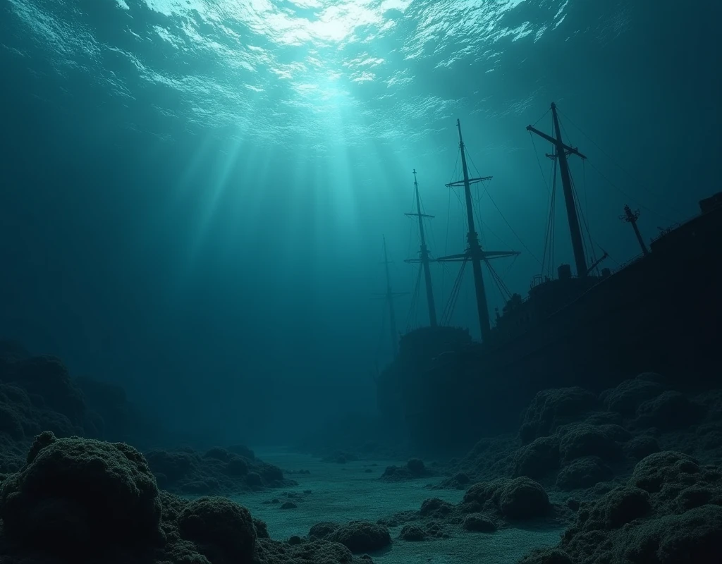 A cinematic and dark depiction of the deep ocean, creating a mysterious and foreboding atmosphere. The violent, chaotic waves crash above, their fury evident in the roiling surface. As the image descends into the depths, the waters grow eerily calm, yet heavy with shadows that hint at the unknown. At the ocean floor, ancient shipwrecks from forgotten eras lie in ghostly silence, encrusted with algae and coral, their once-proud structures now decaying relics of the past. A faint, dim light filters from the surface, casting a ghostly glow over the scene, barely illuminating the eerie remnants, evoking a sense of ancient mystery and lost history., Surrealism, Hyperrealism, UHD, retina, masterpiece, accurate, anatomically correct, textured skin, super detail, award winning, 16k