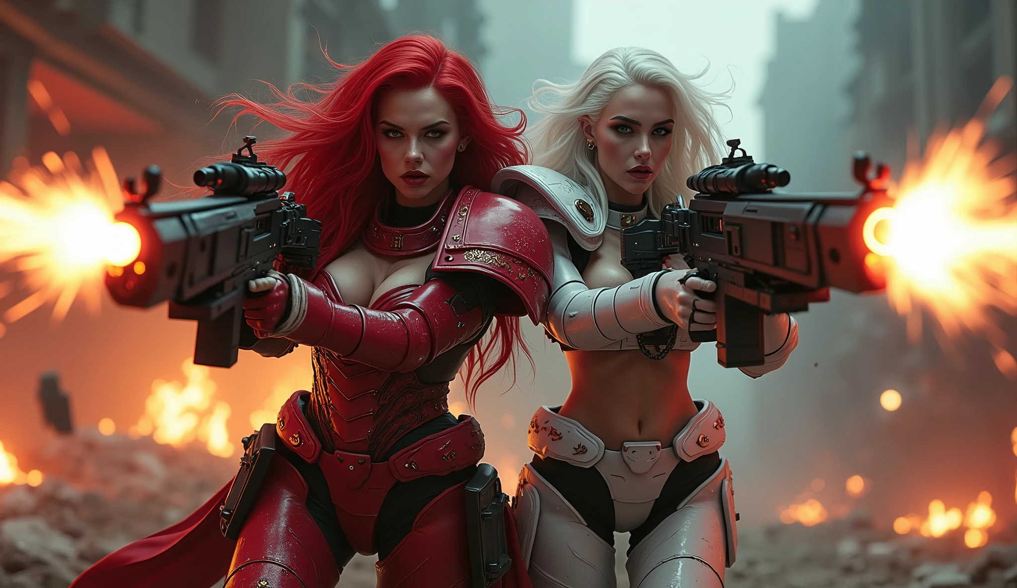Full body pose sexy sisters of battle from the warhammer 40k, shooting at the enemy, red space marine armor with intricate details, white space marine armor with intricate details, symbols on the armor, sisters of battle, warhammer 40k, Massive exposed silicone breast, pale skin, seductive, temptation, eat your soul, clevage, long red flowing hair, long white flowing hair, long black flowing hair with purple highlights, heavy gothic makeup, at night, neon, beautiful detailed eyes, beautiful detailed lips, extremely detailed eyes and face, long eyelashes, highly detailed armor, intricate futuristic weaponry, dramatic lighting, cinematic composition, muted color palette, gritty and realistic, mecha, science fiction, hyper-detailed, photorealistic, award winning digital art, 8k, HDR, masters work, in the middle of a battle field, full body combat action pose, explosions and fire around, full war, stunning, Stilleto heels, high heels, full body pose, cinematic, movie trailer, final stand!, nemesis, ready to strike, dust and debree, combat screams, attacking, shooting at the enemy, running forward, last line of defense, charging, fanatic, religious, templar knights, sisters of battle, warhammer 40k, shooting at the enemy, bimbo gigantic exposed breast, jetpacks, space marine 
