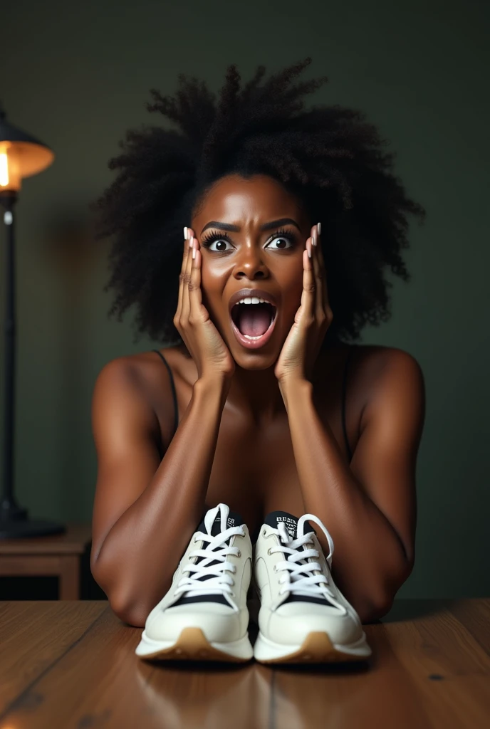 African girl young under 18 years, extremely very dark skin, shocked face