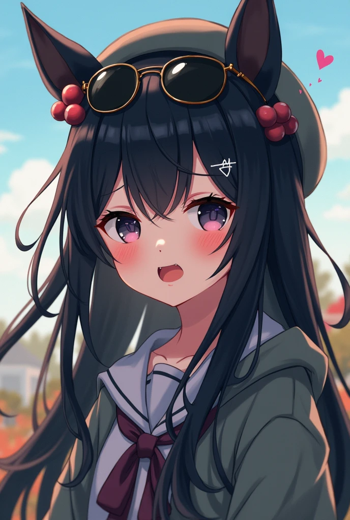 black hair, hair bobbles, wince, longeyelashes, solid circle eyes, fake animal ears, light smile, ear blush, fang, ccurate, beret, kamina shades, lolita hairband, sad smile, En plein air, three sided view, 8k, super detail, best quality, 1080P, 1080P, 1080P, 1080P, HD, 4K, 8k, 16k