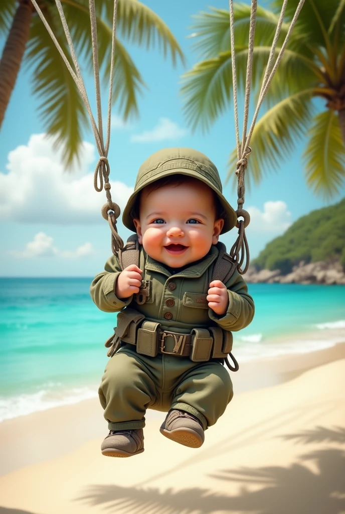 Cute smiling newborn wearing paratrooper uniform and military hat descends to a landing site on an exotic beach in realistic full body style.