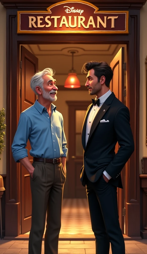 A handsome old man with blue shirt talking to a handsome guy with black suit at the door of a restaurant,  pixar disney style, cinematic, masterpiece, high-aesthetic , portrait