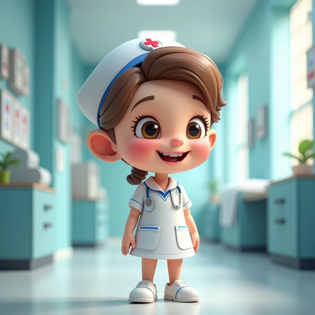 There is an animated character like the character of the head boy, who is a nurse and has a beautiful smile and is slightly inclined to the left, and the space behind it is inside the hospital. . He has very short legs and is a dwarf