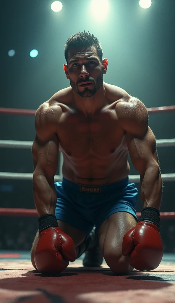 Un boxeur à genoux sur le ring, appuyant ses mains au sol pour se relever avec une détermination palpable. La lumière vient d'en haut, illuminant son corps et créant un halo autour de lui, symbolisant l'espoir et la résilience. Son expression montre à la fois la douleur et la volonté de se remettre debout. Le ring est représenté avec des détails minimalistes, et l'arrière-plan est flou, gardant l'attention sur le mouvement du boxeur. Les couleurs sont légèrement désaturées pour accentuer le sérieux du moment, avec des ombrages doux qui donnent une profondeur et une texture réalistes.
