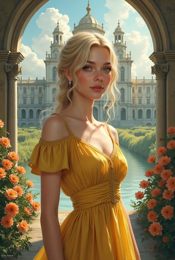 Create for me the image of the cover of my book the title (Anne's Fate) write the name in Portuguese and put my author name Kelly Ramos put a palace in the background, flowers and a young woman with an angelic face, a very realistic image of blond hair and green eyes wearing a yellow dress from the 1910s