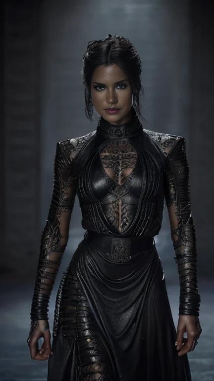 4K realistic, ultra-detailed photography of an athletic, demonic woman, demonic woman in a maxi leather dress, Hairstyle is a crazy braided hairstyle, demonic woman in a threatening moving standing model pose, The photo background is a wall of smoke, from which black roses come out, The mood of the photography is dark, large number of fiery tattoos