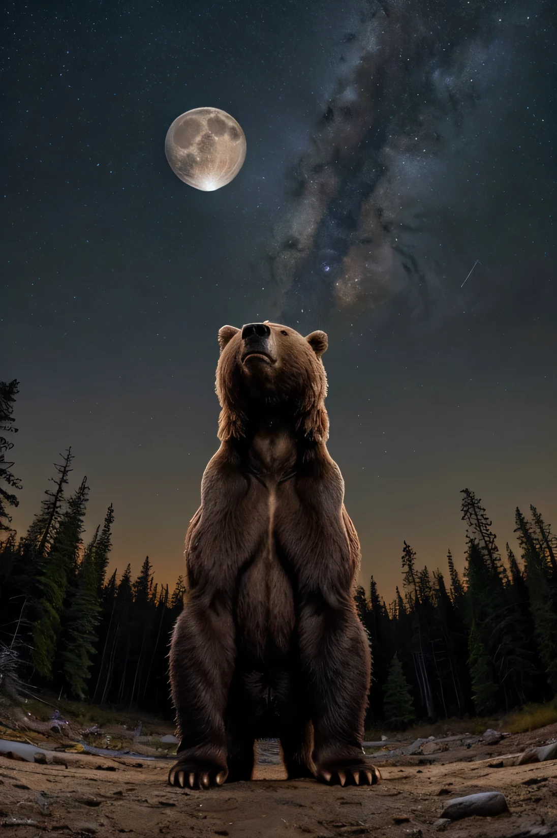 a detailed anatomically correct national geographic photograph of a brown bear standing on its hind legs, looking up at the full moon in a night sky, realistic, highly detailed, 8k, photorealistic, hyper detailed, dramatic lighting, cinematic composition, beautiful natural landscape, dense forest, moonlight, wildlife, animals, nature, outdoors