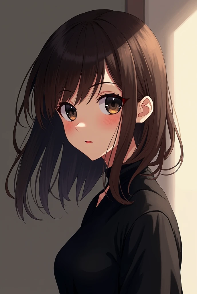 Girl in black clothes with long bob brown hair black eyes and it's in anime style