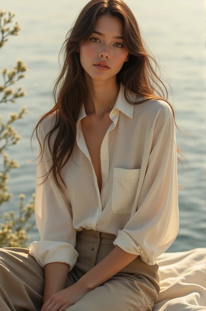 A woman with long straight hair and brown eyes in pants and a long blouse 