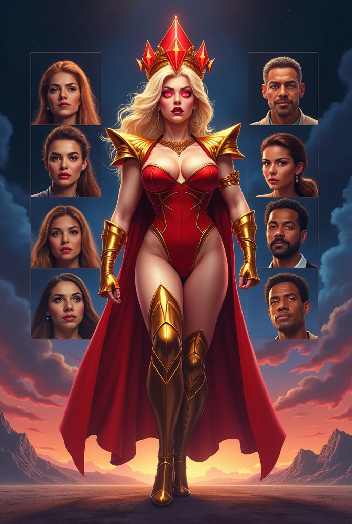 High quality, 1990s sci-fi movie poster, titled “Queen of the Final World” in bold large Yellow text on top.  In the center is tall chubby ((Gillian Anderson)), wide chin, glowing red eyes, dramatic pose, one fist raised, broad shoulders, wide hips, thick thighs, blonde hair, red diamond crown, golden shoulder pads, skintight, plunging neckline, (bare midriff), thigh-high boots, red cape.  The background has five headshots of other ethnically diverse actors tightly staggered besides each other. 