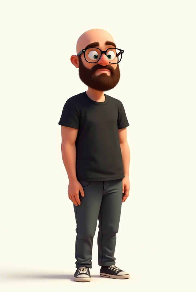 create a disney and pixar style drawing of a tall bald character, with medium beard, and in a black t-shirt and pants, wearing prescription glasses, com fundo branco, 

