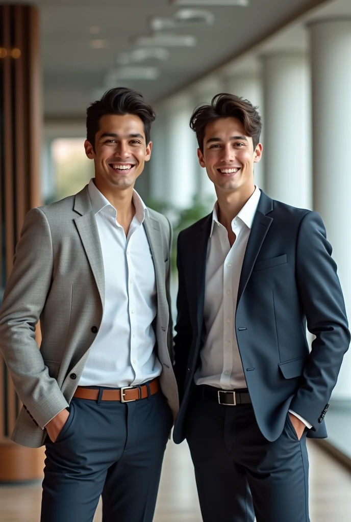 2 college male marketing student, dark hair and white skin, friendly and well dressed
