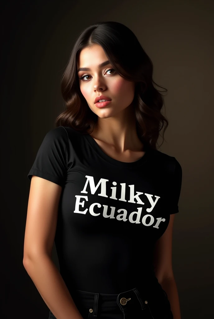 A sexy girl with a black shirt that says MILKY Ecuador