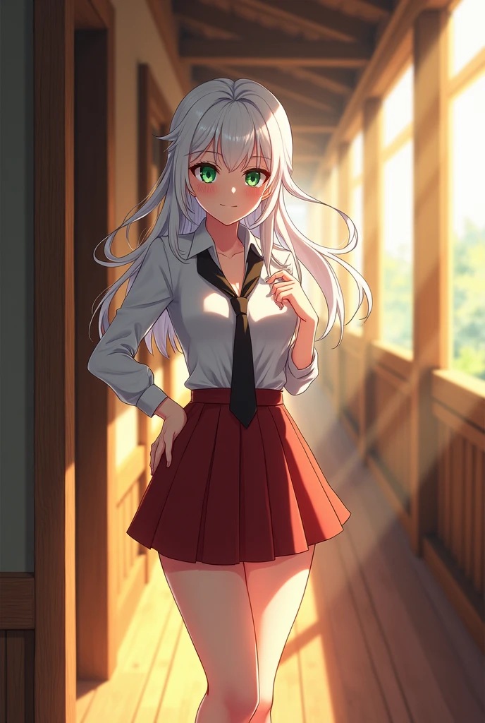 Sure! Here's a detailed prompt for an anime-style scene featuring Isabella Neves:
---
**Isabella Neves is standing alone in a sunlit corridor of the rustic country school, her back leaning casually against a wooden wall. She is about 5'8", tall for a girl, with a slender yet curvaceous build that catches the eye. Her pale skin contrasts sharply with her striking white hair, which cascades in loose, flowing waves down to her mid-back, framing her delicate, heart-shaped face. Light freckles dust her cheeks and nose, adding a touch of youthful innocence to her otherwise bold appearance.**
**She wears a revealing school uniform that accentuates her figure—a short skirt that flutters just above mid-thigh, and a form-fitting blouse that hugs her curves, the top few buttons provocatively undone to reveal a hint of cleavage. The skirt, in a deep, rich shade of blue, contrasts with the crisp white blouse, while a slim black tie hangs loosely around her neck, adding a touch of rebellious flair.**
**Isabella's vibrant emerald eyes gleam with mischievous energy as she gazes off to the side, a sly, almost playful smile tugging at the corners of her lips. Her expression is a mix of confidence and curiosity, hinting at her bold personality and unspoken secrets. With one hand, she lightly twirls a lock of her white hair, while the other rests casually on her hip.**
**The scene captures a moment of stillness—Isabella is lost in thought, perhaps plotting her next adventure or contemplating a recent encounter. The sunlight streaming through the corridor windows casts a soft glow around her, highlighting the ethereal quality of her appearance. Her posture, relaxed yet assertive, and the subtle, playful expression on her face, perfectly encapsulate her daring yet innocent nature.**
---
This description would work well for an anime-style depiction of Isabella, emphasizing her unique look and personality.