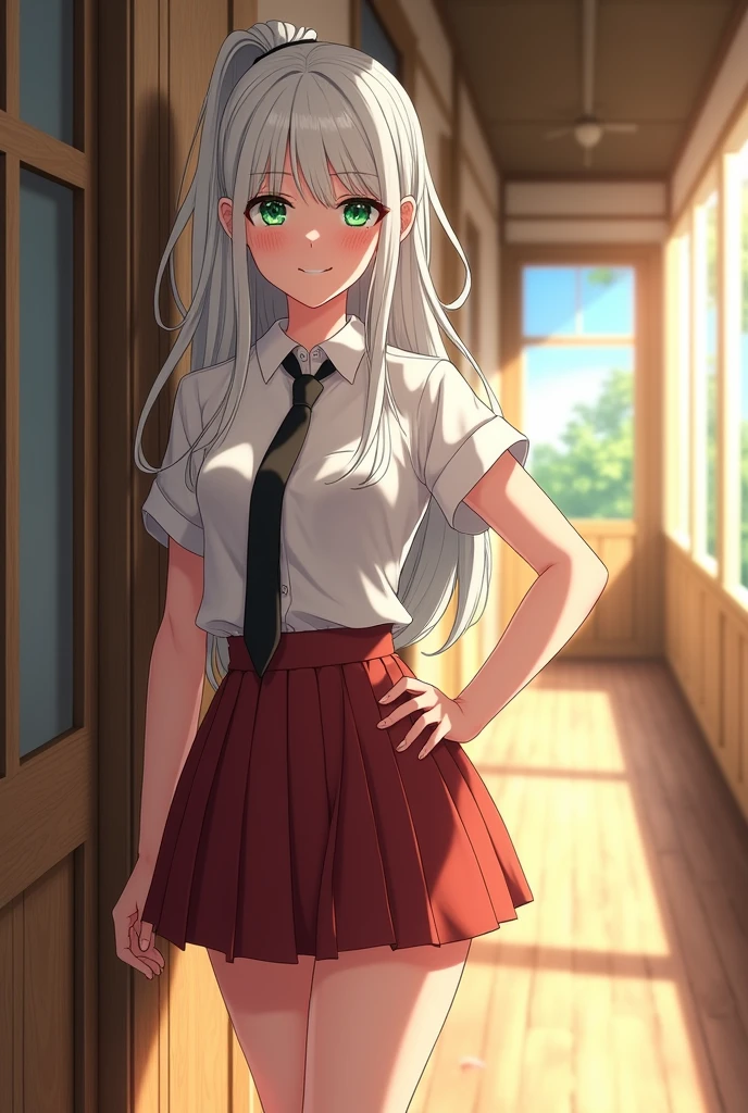 Sure! Here's a detailed prompt for an anime-style scene featuring Isabella Neves:

---

**Isabella Neves is standing alone in a sunlit corridor of the rustic country school, her back leaning casually against a wooden wall. She is about 5'8", tall for a girl, with a slender yet curvaceous build that catches the eye. Her pale skin contrasts sharply with her striking white hair, which cascades in loose, flowing waves down to her mid-back, framing her delicate, heart-shaped face. Light freckles dust her cheeks and nose, adding a touch of youthful innocence to her otherwise bold appearance.**

**She wears a revealing school uniform that accentuates her figure—a short skirt that flutters just above mid-thigh, and a form-fitting blouse that hugs her curves, the top few buttons provocatively undone to reveal a hint of cleavage. The skirt, in a deep, rich shade of blue, contrasts with the crisp white blouse, while a slim black tie hangs loosely around her neck, adding a touch of rebellious flair.**

**Isabella's vibrant emerald eyes gleam with mischievous energy as she gazes off to the side, a sly, almost playful smile tugging at the corners of her lips. Her expression is a mix of confidence and curiosity, hinting at her bold personality and unspoken secrets. With one hand, she lightly twirls a lock of her white hair, while the other rests casually on her hip.**

**The scene captures a moment of stillness—Isabella is lost in thought, perhaps plotting her next adventure or contemplating a recent encounter. The sunlight streaming through the corridor windows casts a soft glow around her, highlighting the ethereal quality of her appearance. Her posture, relaxed yet assertive, and the subtle, playful expression on her face, perfectly encapsulate her daring yet innocent nature.**

---

This description would work well for an anime-style depiction of Isabella, emphasizing her unique look and personality.