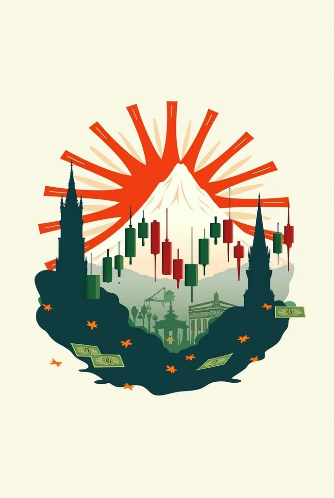 Logo for a Volatility 100 index academy and some red Japanese candles, green included and metatrader mt5 and dollar bills and trips to Europe and a ray near the sun