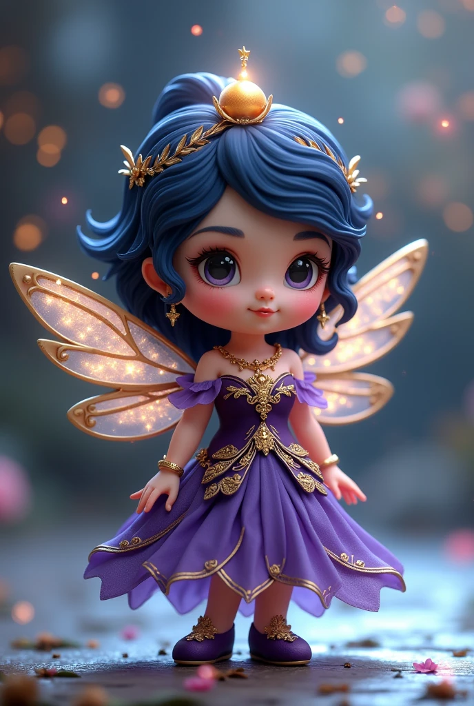  C4D model, a chibi-style fairy, with dark blue hair styled in soft curls, dressed in a deep purple gown with gold accents, and delicate gold wings. She carries a small golden orb and wears purple slippers with tiny stars, giving her a mysterious, wise appearance.