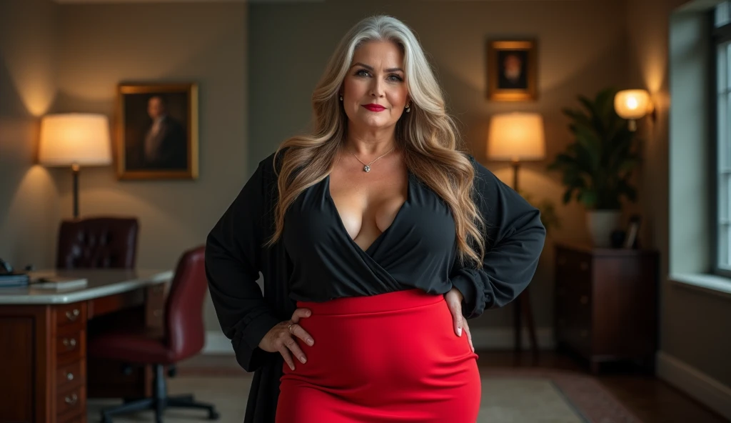 mature woman, 60 years old, wears a red mini skirt, is in her office, attractive woman, long hair, curvy, hot chubby, voluminous body, cleavage, large breasts, approximately 60 years old, older mature woman, image from the front, looking for camera , posing, big ass, sex with beautiful woman, stunning, sex with natural mature woman, average size plus size, older woman, 6