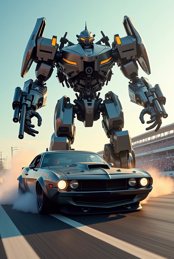 A muscle car was racing on the race Track and firung with weapons and a giant muscle car transformer in robot