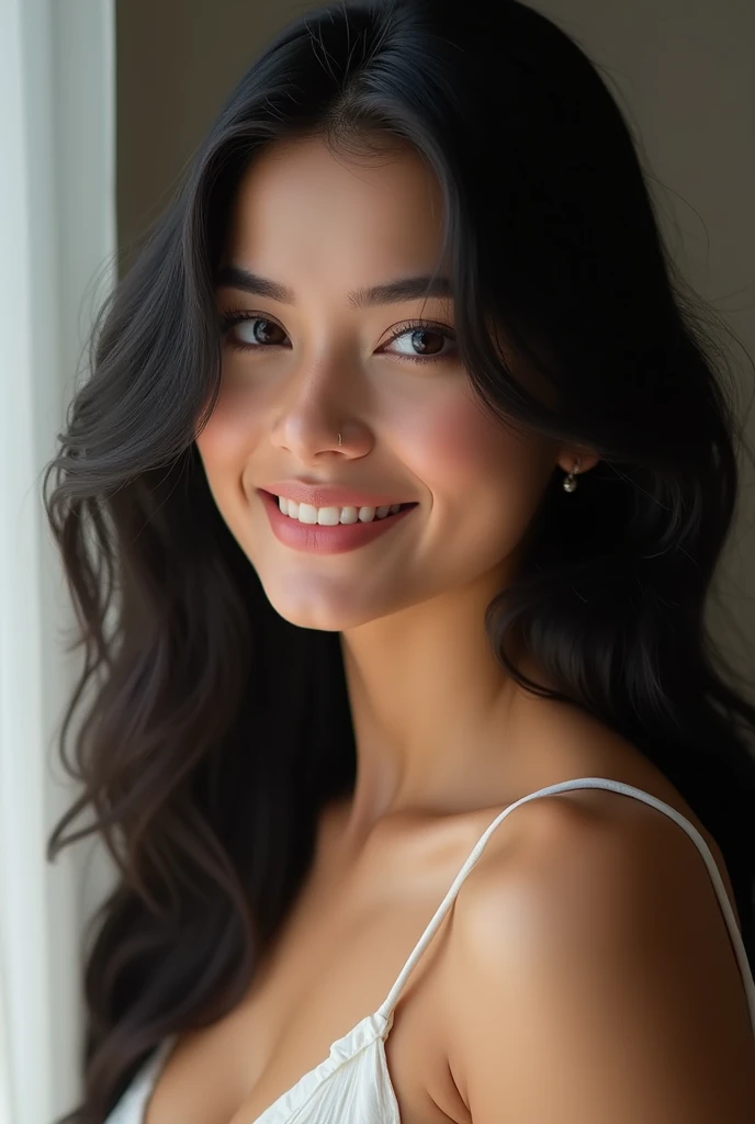 20 years old beautiful girl black hair breast size C cup hip ratio0.69 high resolution,Run your fingers through your hair or lightly brush your neck, creating a tactile connection that draws viewers in, as if they can feel the softness of your skin masterpiece, Best Quality, intricate details, Very detailed, Sharp focus, detailed skin, realist skin texture, texture, detailed eyes, professional, 4k, charming smile, shot with cannon, depth of field, Kodak Color Vision, perfectly fitted body, extremely detailed, Photo_\( ultra\), Photorealist, realist, post processing, Maximum details, roughness, real life, ultrarealist, Photorealism, Photography, 8k hd, Photography