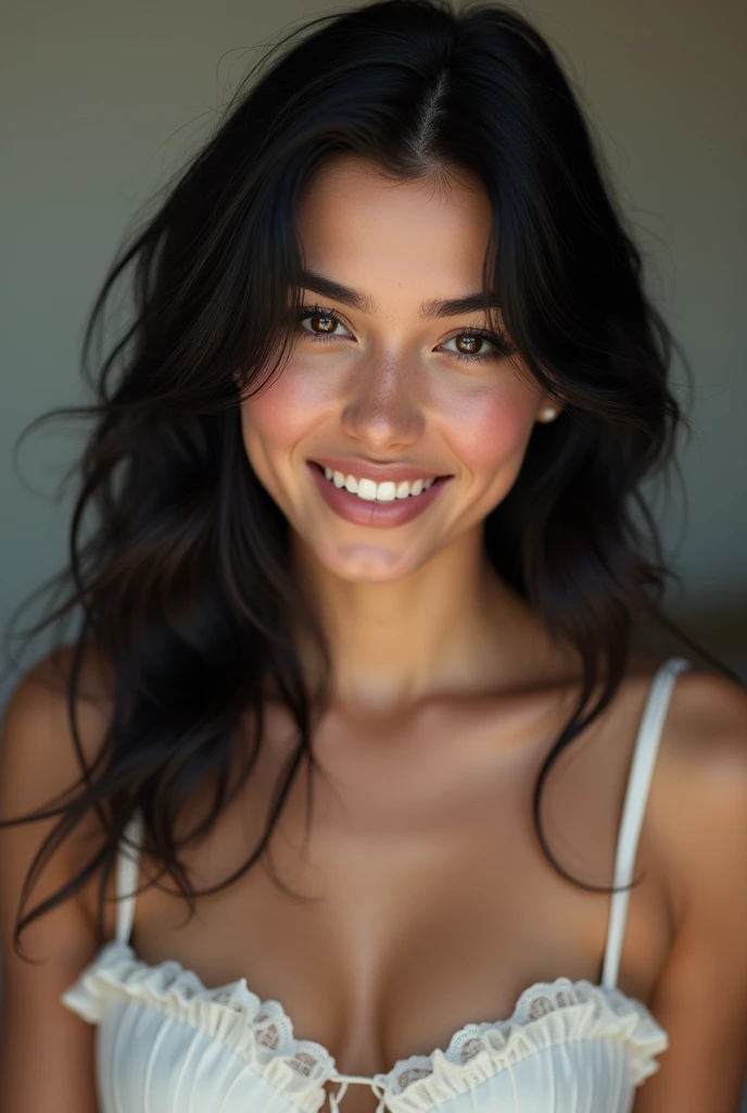 20 years old beautiful girl black hair breast size C cup hip ratio0.69 high resolution,Run your fingers through your hair or lightly brush your neck, creating a tactile connection that draws viewers in, as if they can feel the softness of your skin masterpiece, Best Quality, intricate details, Very detailed, Sharp focus, detailed skin, realist skin texture, texture, detailed eyes, professional, 4k, charming smile, shot with cannon, depth of field, Kodak Color Vision, perfectly fitted body, extremely detailed, Photo_\( ultra\), Photorealist, realist, post processing, Maximum details, roughness, real life, ultrarealist, Photorealism, Photography, 8k hd, Photography