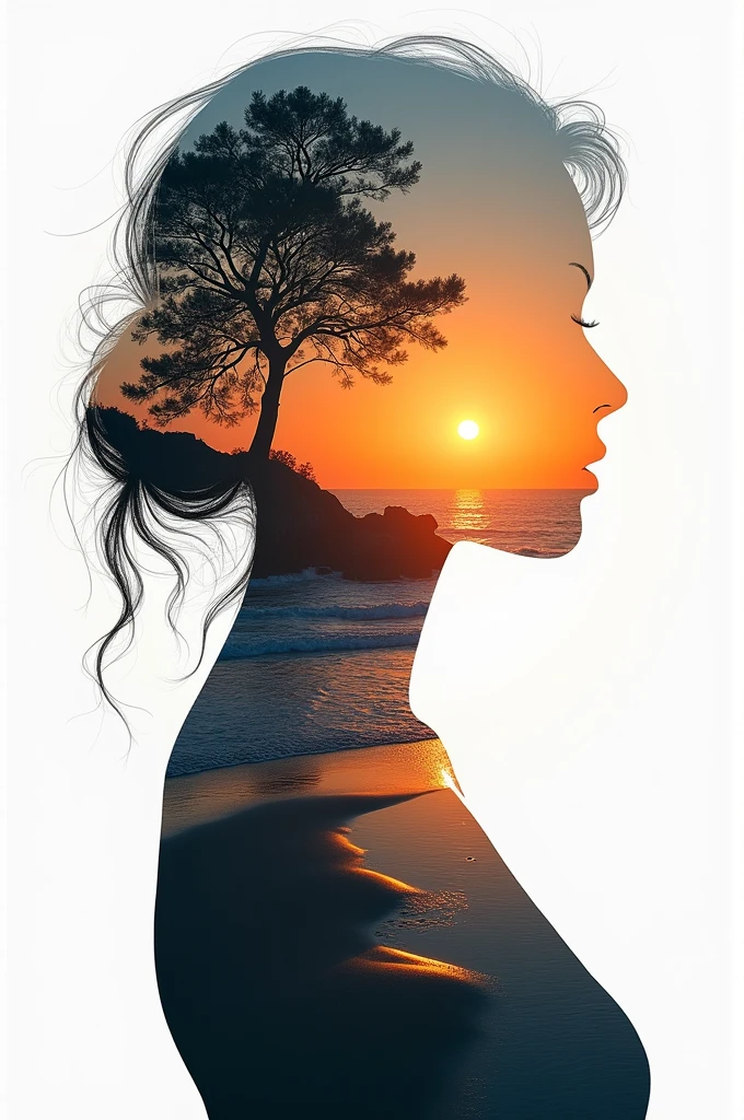 high quality, 8K Ultra HD, A beautiful nude girl double exposure that combines an goddess silhouette with sunset coast, sunset coast should serve as the underlying backdrop, with its details incorporated into the goddess , crisp lines, The background is monochrome, sharp focus, double exposure, by yukisakura, awesome full color,