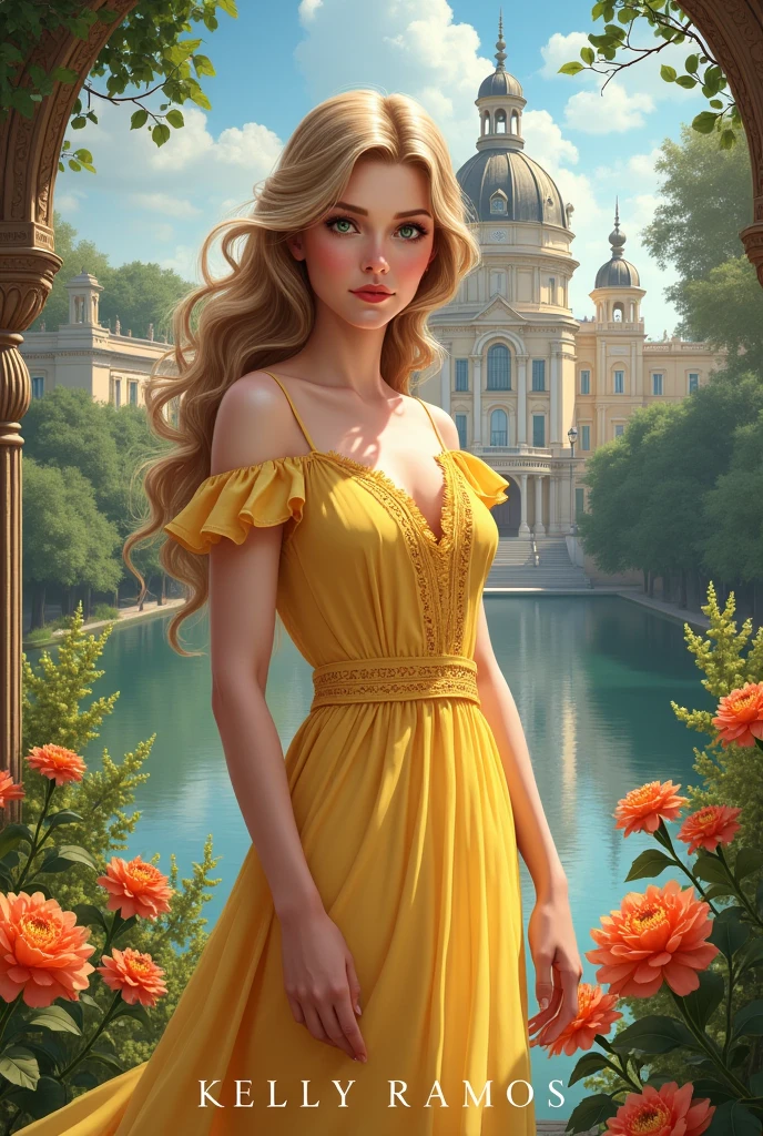Create for me the image of the cover of my book the title (Anne's Fate) write the name in Portuguese and put my author name Kelly Ramos put a palace in the background, flowers and a young woman with an angelic face, a very realistic image of blond hair and green eyes wearing a yellow dress from the 1910s