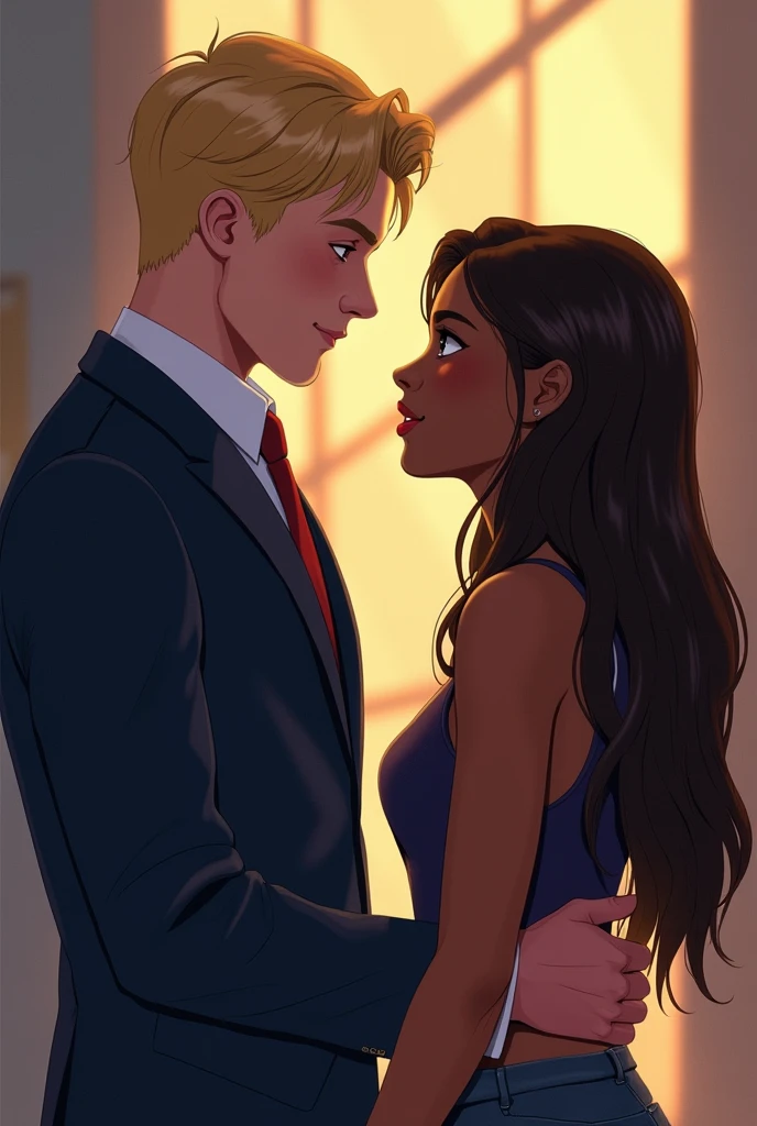 Kit connor with honey blonde hair , thick build, blue eyes in a smart navy blue uniform at a high school flirting with a dark skinned girl, latina, Long hair, Dark brown straight hair, The young woman has her back to him.