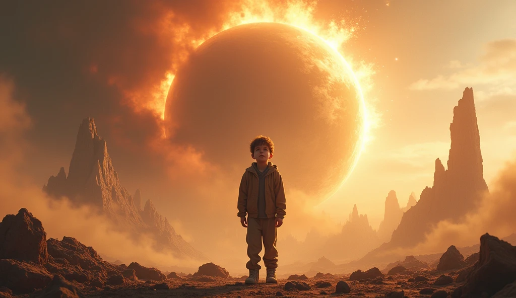 A asteroid hit the earth and left side a young boy shoking reaction