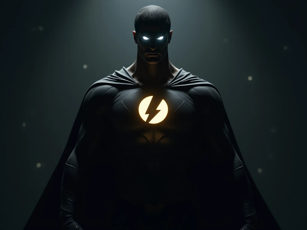 male character, with superhero outfit, dark, just the eye highlighted in white, like Superman, just the silhouette, symbol on the chest, yellow lightning with white circle, yellow lightning, head of a man like Superman, without mask , no type of mask, two eyes,