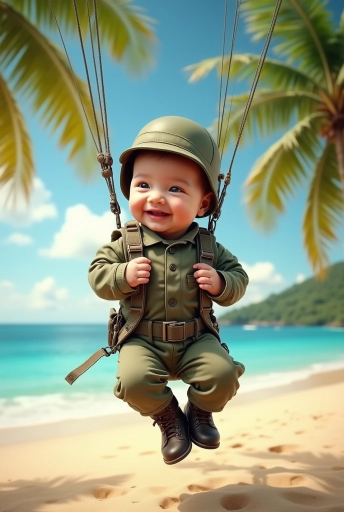 Cute smiling newborn wearing paratrooper uniform and military hat descending to landing site at exotic beach in realistic full body portrait style