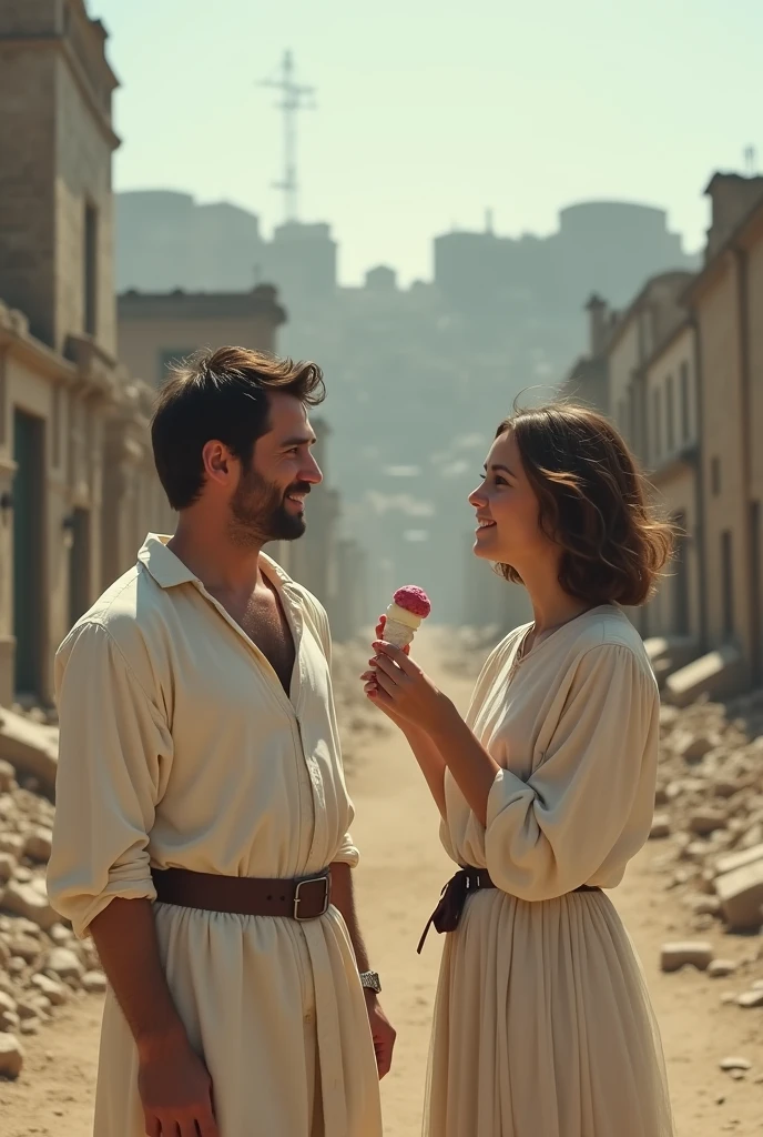 Henry Cavill, white medieval shirt, watching a girl jumping, happy, eating ice cream, brown hair, short medium hair, in a lonely razed Portuguese city, just them, 2, no one else
