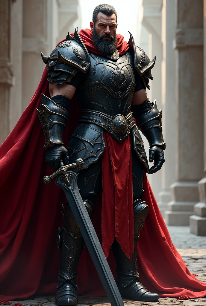 paladin, shiny black armor, Black Sword, scabbard, red cloak, without helmet, barba, body hair, epic, 