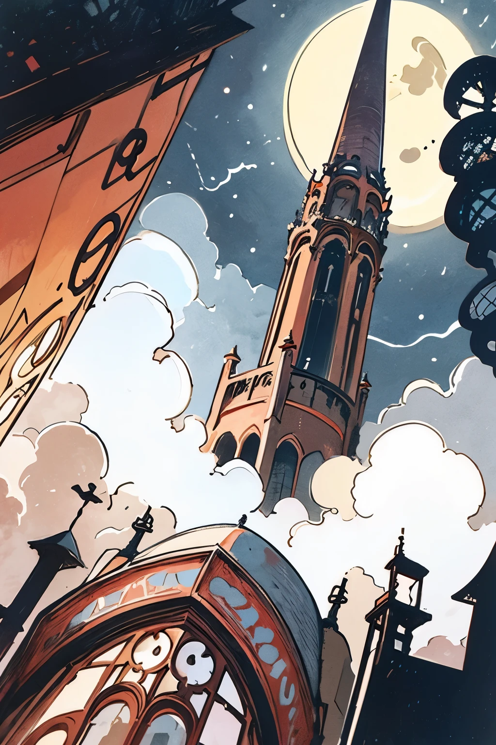 a bell tower and a tower seen from below, clouds, red enamel moon surrounded by white, night sky clouds near the moon, village, night, surreal atmosphere.