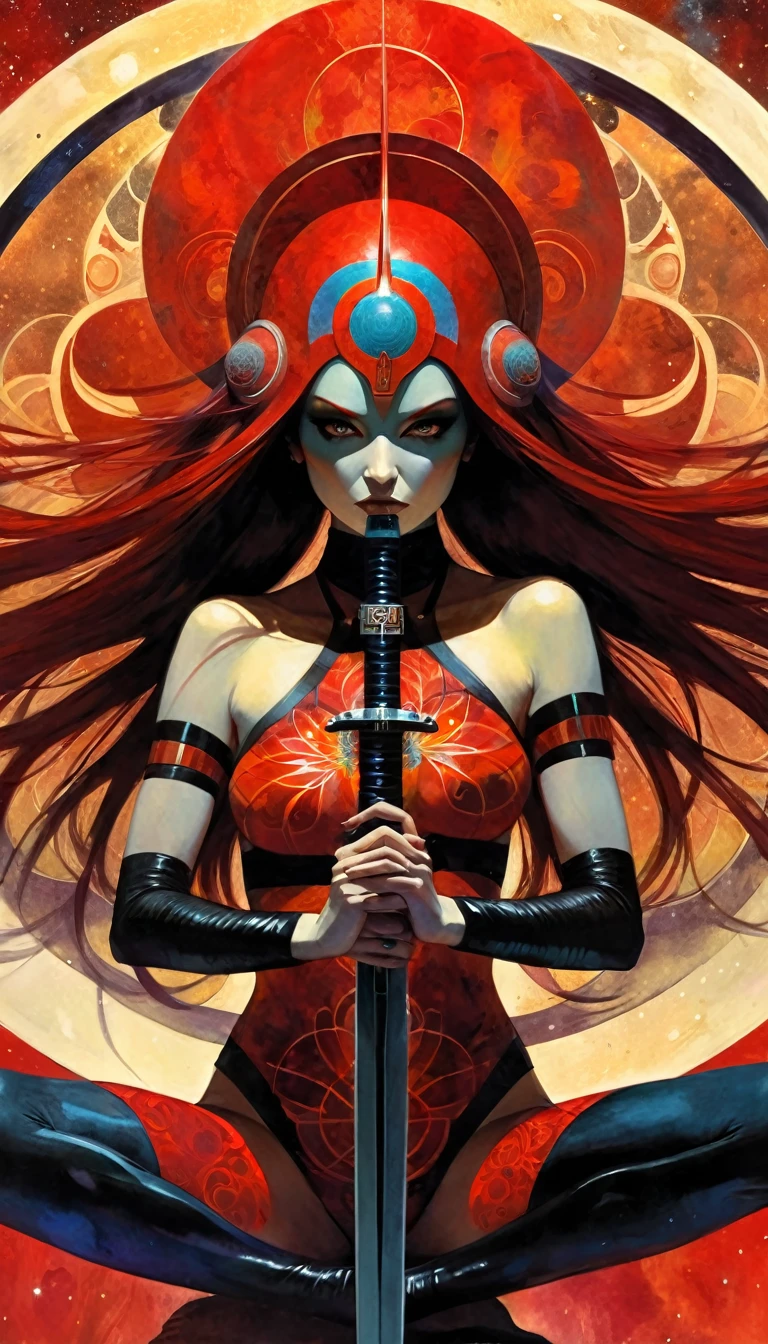 a woman's body impaled by ten swords, (art inspired in Bill Sienkiewicz). oil painting)