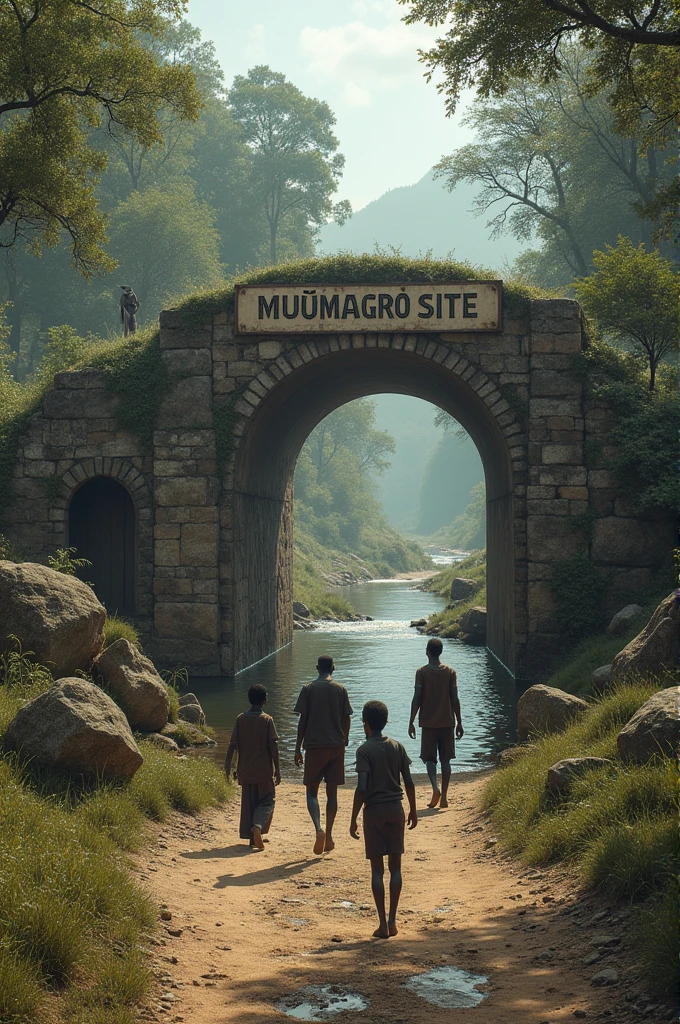 Site with a small river and black slaves walking around, with a sign at the entrance saying: "MUÇUMAGRO SITE"