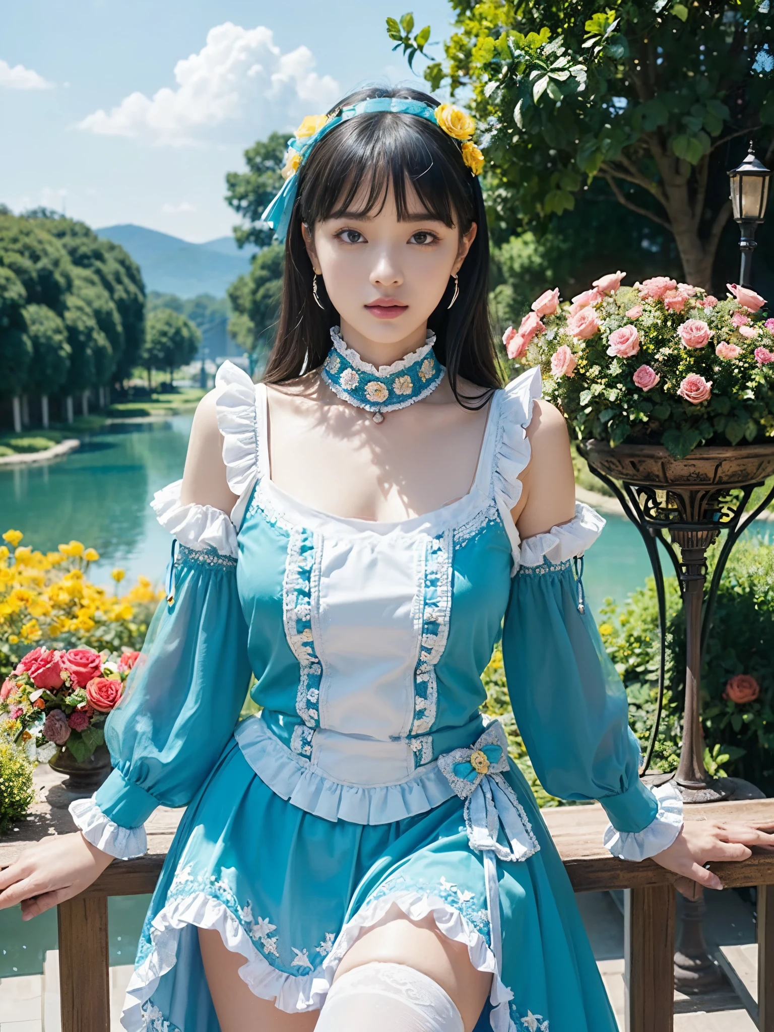 (masterpiece、top-quality、top-quality、Official art、Beautifully Aesthetic:1.2)、(One girl:1.3)、A highly detailed、(Fractal Art:1.1)、(colourfull:1.1), (florals:1.3)、The most detailed、(Zentangle:1.2)、full body Esbian、(Blue sky and rose garden:1.3)、(shinny skin)、(Many colors:1.4), (pluma:1.5)、masterpiece、top-quality、top-quality、Official art、Beautifully Aesthetic:1.2)、(1girl in)、ighly detailed、(Fractal Art:1.3)、colourfull、highestdetailed、long、A dark-haired、big eye、Women in Japan、(Ruffle frills, extremely detailed Chiffon Lace Ribbon Suspenders, (turquoise blue and yellow Stripe Design Pastel Coloring extremely detailed dress),extremely detailed Big Ribbon Headband, extremely detailed Open Colorborn, extremely detailed puff sleeves, extremely detailed Tied thin ribbon corset, extremely detailed Balloon skirt, extremely detailed White Net Tights, Colorful star-shaped bead accessories)、Cute table、Drinking tea、Tea、teapot、macaroons, You can see the castle behind