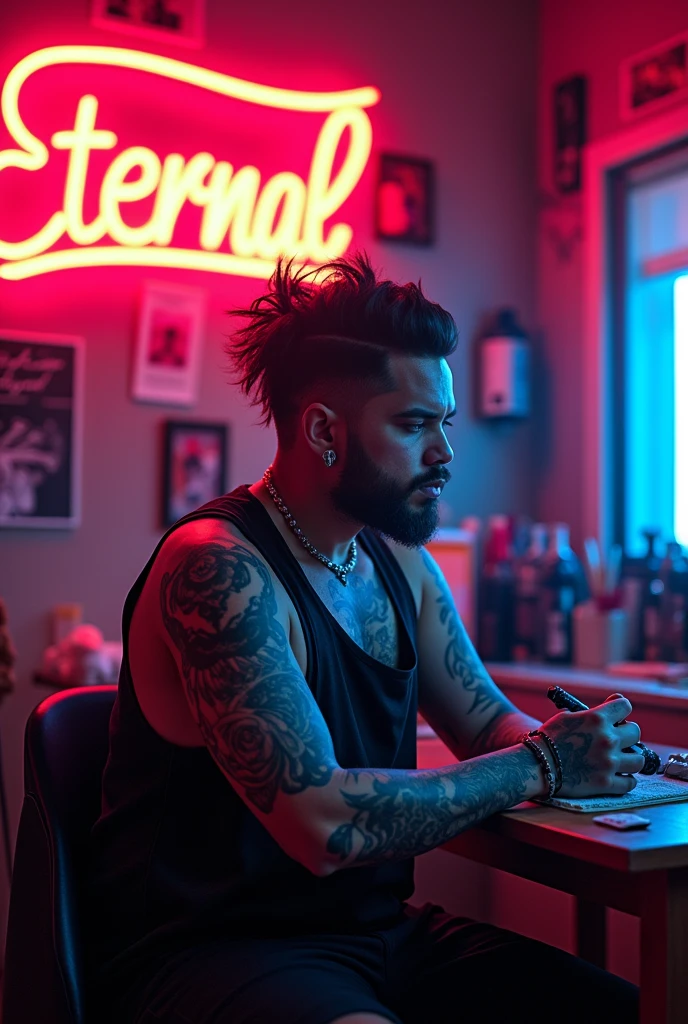 Tattoo Studio in tattoos girl, Tattoos studio name is Eternal, background in studio name and artic name, Tattoos artic name is zan, tattoos studio is RGB lights