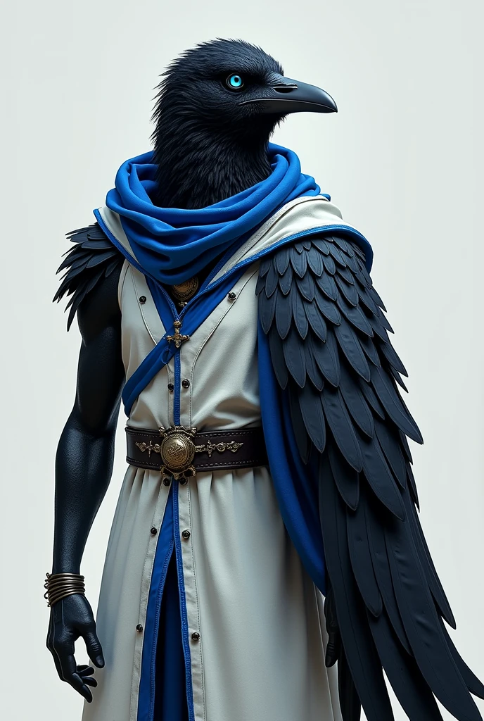 humanoid crow with black feathers and blue details, deep blue eyes, whitish beak, having only the left wing in the same color scheme as its feathers, wearing a kind of white tunic with blue details, sleeveless and hoodless. Query topic: Por favor, create the image of a raven man with black feathers and blue details, deep blue eyes, whitish beak, having only the left wing in the same color scheme as its feathers, wearing a kind of white tunic with blue details, sleeveless and hoodless.