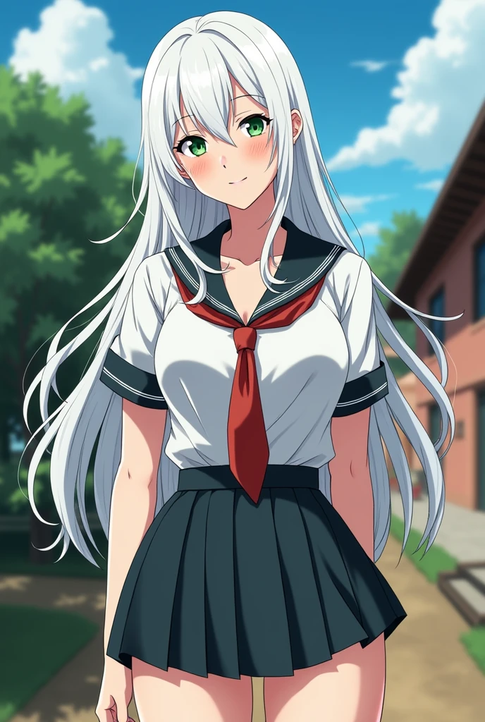*waves, taking notes* White hair for Isabella Neves, this is a bold and striking choice! This will make it stand out even more against the rustic setting of the country school. Physically, let's build Isabella's look further: *She is tall for a girl, about 5'8" with a slender but curvaceous build. Her pale skin will provide an interesting contrast to her white hair."* Isabella generally wears a revealing school uniform, as you mentioned, with a short skirt that barely reaches mid-thigh when she's moving. The top is usually unbuttoned a few buttons lower than appropriate, showing a hint of cleavage.**To accentuate her curves, she prefers form-fitting blouses and slim-fitting pants. She is not afraid to show a little skin, but there is still an air of innocence about her, perhaps stemming from her inexperience.**Her white hair is usually styled in loose, flowing waves that frame her heart-shaped face. Her features are delicate, with a smattering of light freckles on her cheeks and nose. Her eyes are a vibrant green, almost emerald, and shine with mischievous energy.** do it anime style Take a close-up of her face, she is giving a wide and naughty smile