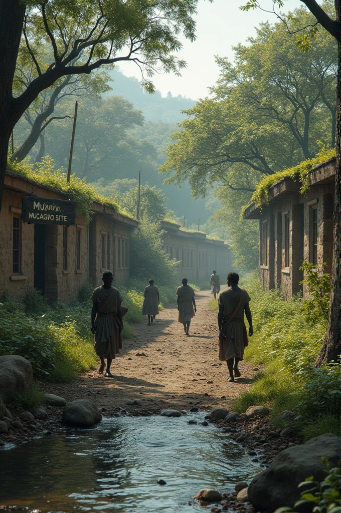 Site with a small river and black slaves walking around, with a sign at the entrance saying: "MUÇUMAGRO SITE"