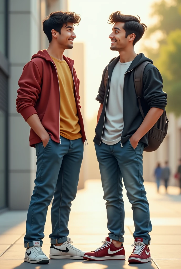 2 college male marketing student, dark hair and white skin, friendly and dressed in a casual Nike brand
