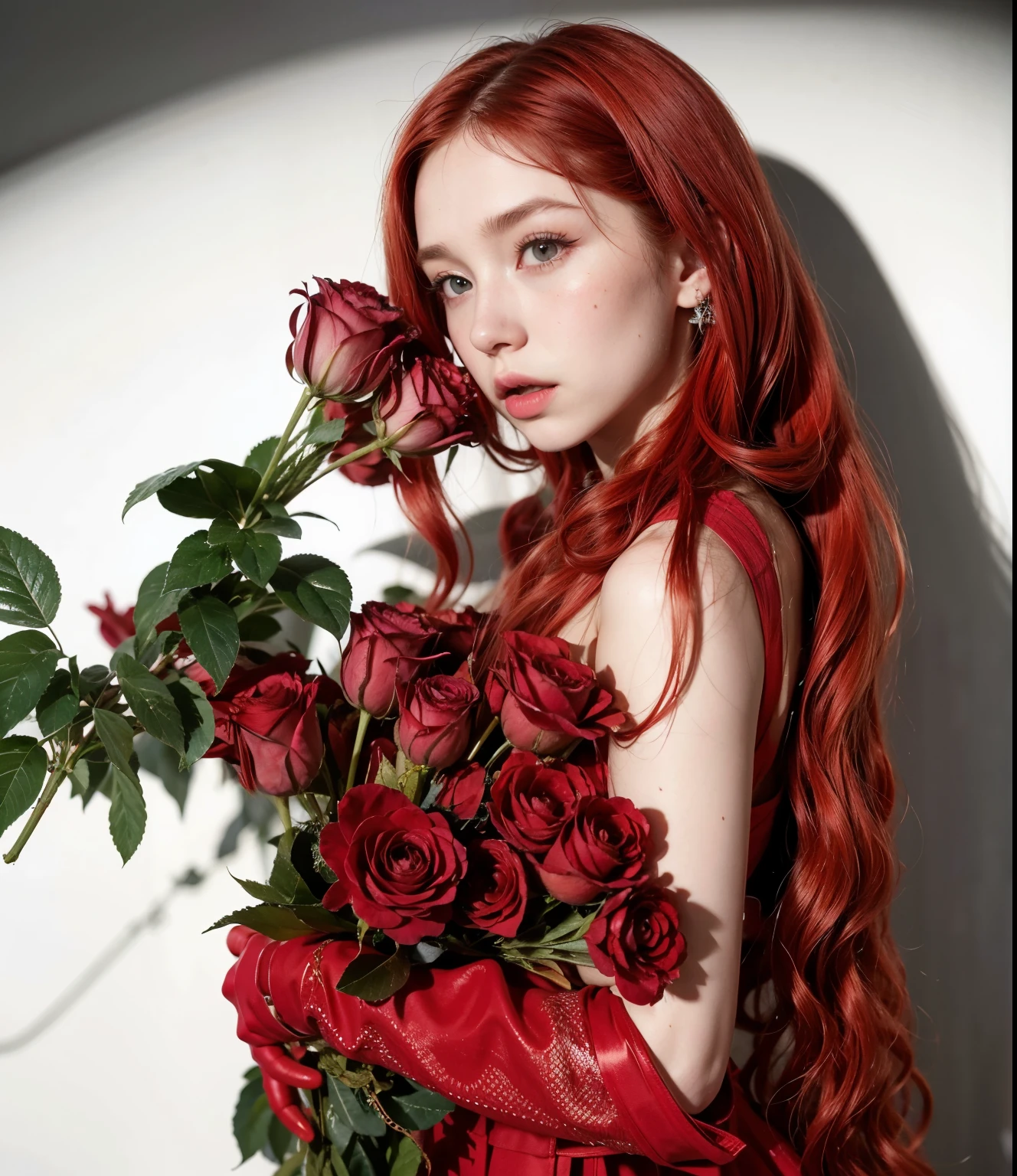 Red woman with long hair and piercings posing for a photo, with redlong hair, with long red hair, perfect white haired girl, ava max, tifa lockhart with white hair, pale porcelain white skin, anime girl in real life, with white hair, extremely light blonde hair, very light blonde hair, with long blonde hair, her hair is white