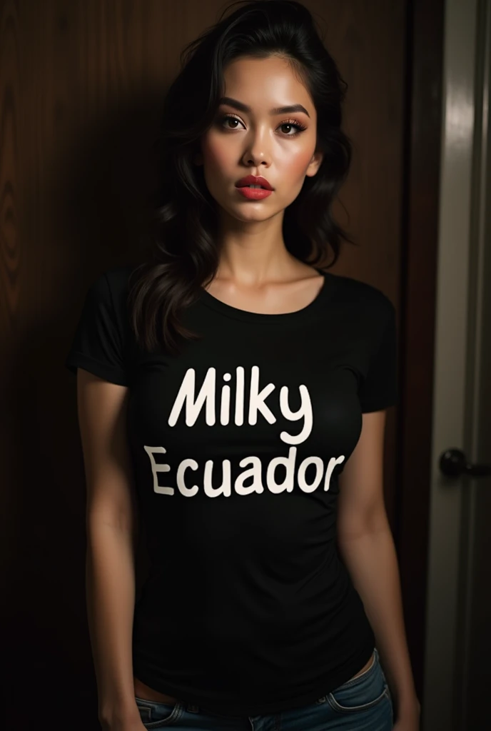 A sexy girl with a black shirt that says MILKY Ecuador
