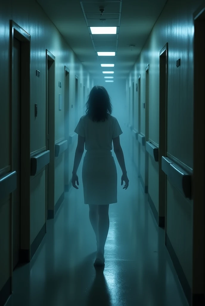 A dimly lit hospital corridor at night. There are 3 closed doors on each side. A woman in 90s nurse clothes walks from one door to another, her body is translucent, almost transparent, and her face is featureless.