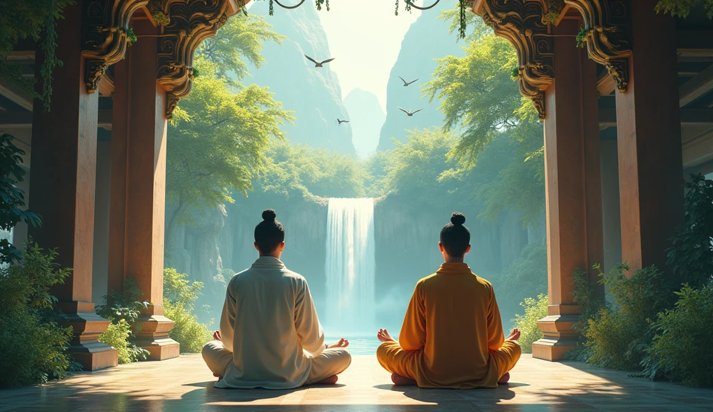 2 Asians meditating in an ancient temple with birds flying and two waterfalls in front and lots of nature