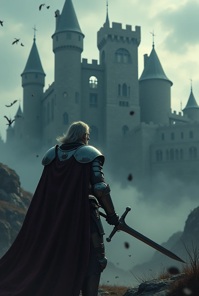 A knight with a sword is facing a dark castle with creatures in it in the dark