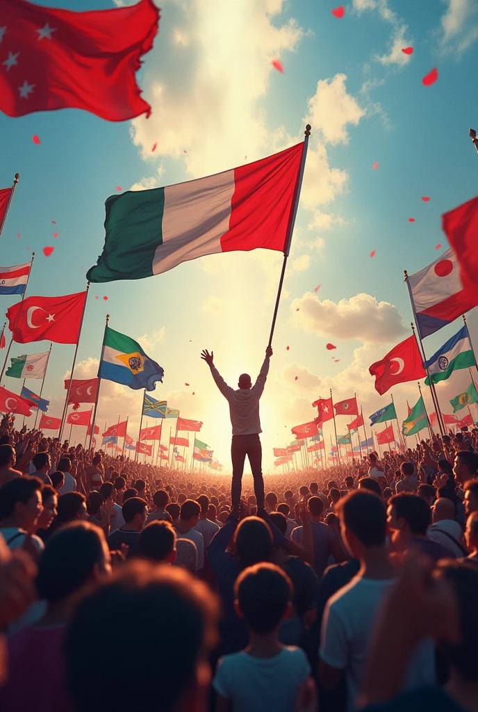 Notre force est c'est d'être tous ensemble
Le vends le point de la victoire de toutes les nations on voit le diable le drapeau algérien vert blanc croissant de lune étoile rouge sang et le drapeau de l'humanité et tous les drapeaux du monde entier de toute nationalité