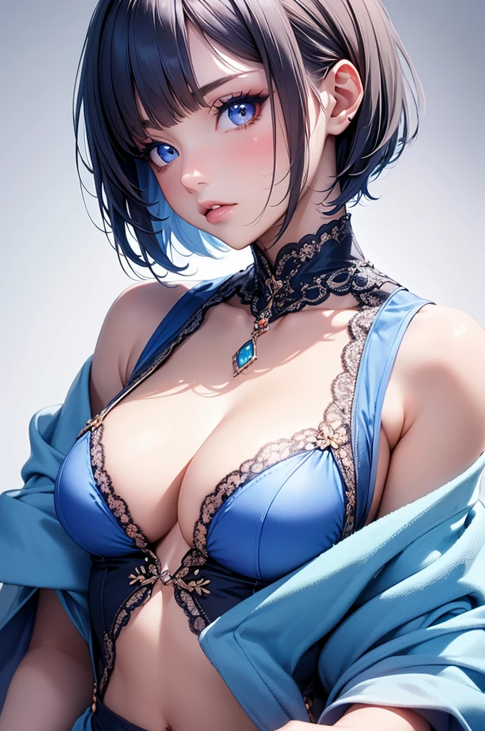 masterpiece,best quality,extremely detailed CG,ultra-detailed,beautiful detailed eyes,1woman,lite blue hair,skinny,tan,sexy makeup,white lips,upper body,short hair,lite brown eyes,
